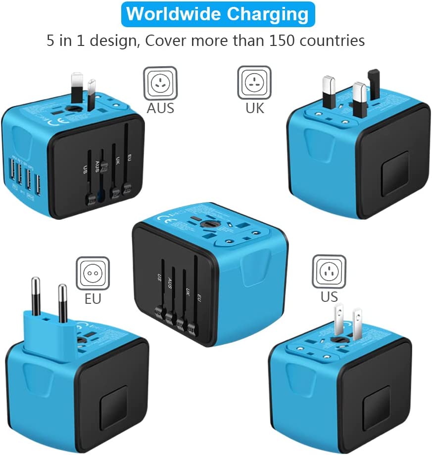 SAUNORCH Universal International Travel Power Adapter W/Smart High Speed 2.4A 4xUSB Wall Charger, European Adapter, Worldwide AC Outlet Plugs Adapters for Europe, UK, US, AU, Asia-Blue - Image 2
